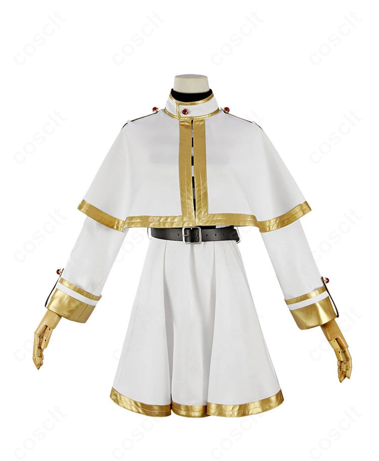 フリーレン 子供用コスプレの正面全身。白ワンピースと黒マント、スヌードを高再現し、付属のエルフ耳で顔回りまで忠実に表現。