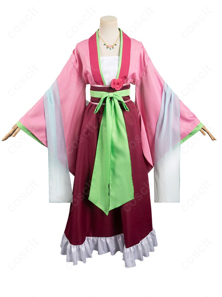 薬屋のひとりごと 猫猫 園遊会衣装の正面全身。上品な配色とフロント刺繍の意匠が分かる構図