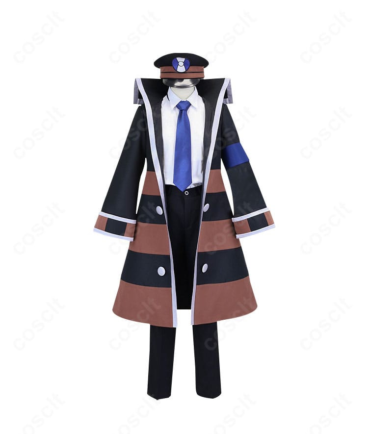 ノボリ(ポケモンBW)サブウェイマスター制服の正面全身。ロングコートと帽子、腕章まで高再現のコスプレ衣装。
