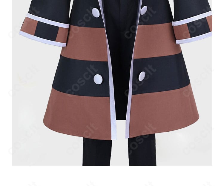 ノボリ衣装の襟装飾詳細。コートのラペルと縁取り、ネクタイ結びの見え方が分かる近接写真。