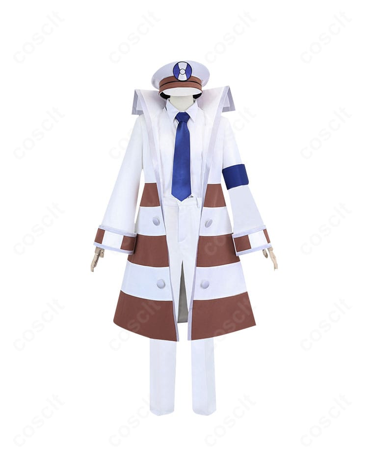 クダリ(ポケットモンスター ブラック・ホワイト)サブウェイマスター制服の正面全身。白のロングコートと帽子、黒ネクタイ・腕章まで忠実再現したコスプレ衣装。