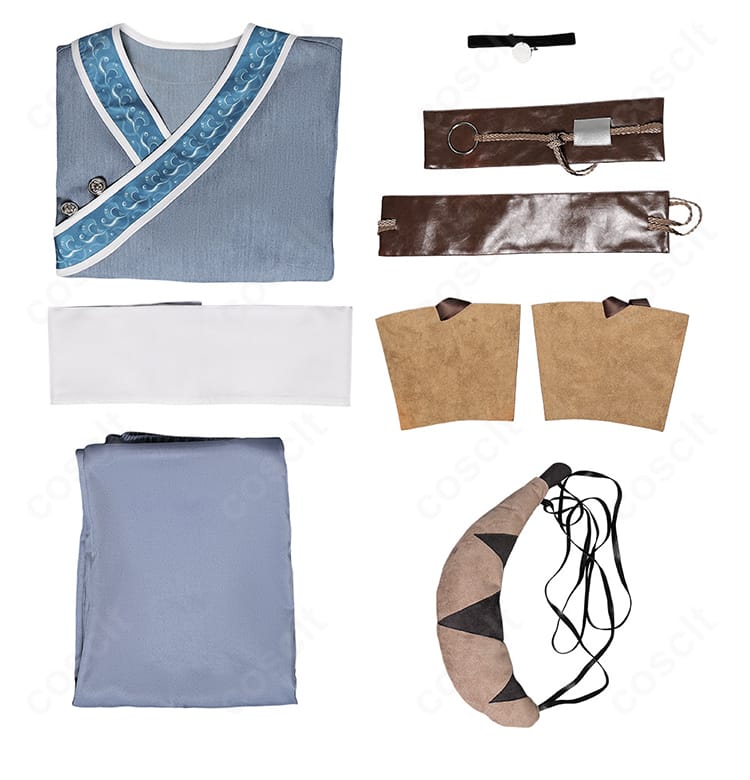 カタラ衣装・セット内容一覧。トップス、ズボン、コルセットベルト、手首飾り、チョーカー、ポーチを並べた確認用画像。