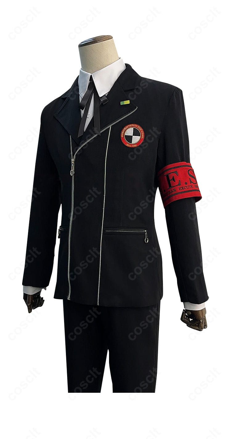 結城理 学園制服コスの側面図。肩線から裾のライン、ウエストのフィット感、パンツのストレートシルエットが分かる