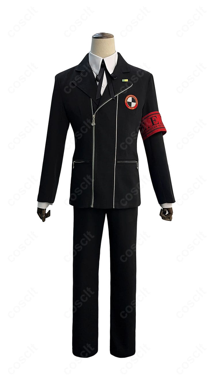 ペルソナ3 リロード 結城理 学園制服コスプレ衣装の正面全身。黒コートと赤リボン、S.E.E.S.腕章の高再現ディテールが分かる画像