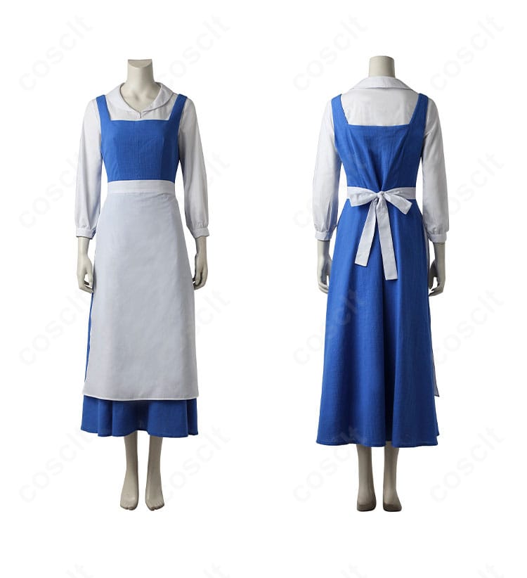 ベル コスプレ(村娘ドレス)の正面・背面比較。ウエストラインとスカートフレア、後ろファスナーの仕様がわかる画像。