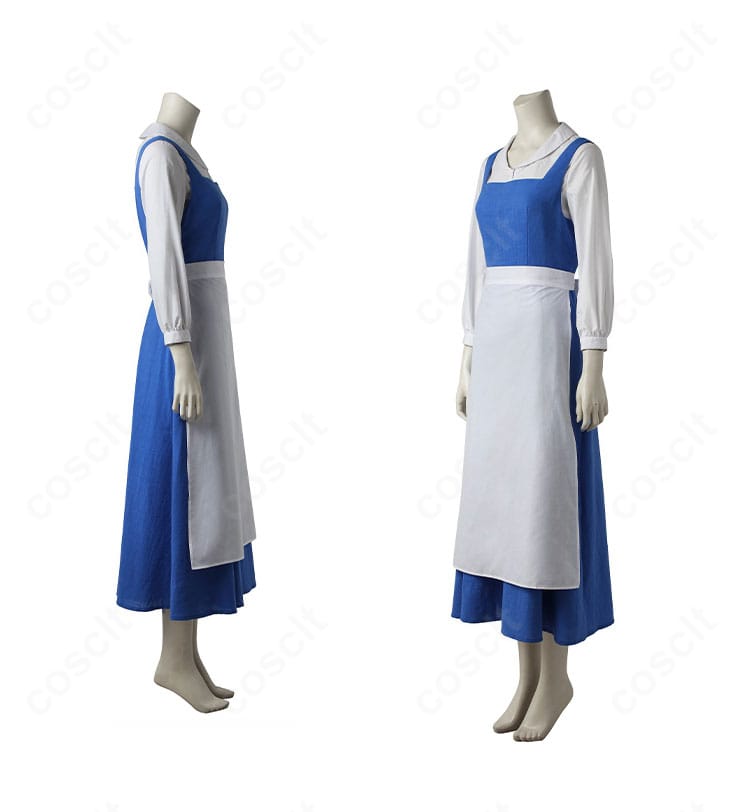 ベル 村娘コスの側面。自然なフレアと歩きやすい裾さばき、エプロンのラインが確認できるアングル。