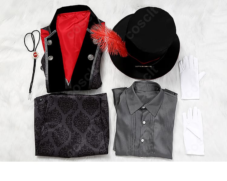 セット内容一式のレイアウト画像。コート、シャツ、ズボン、帽子、ネックレス、手袋を並べて確認。