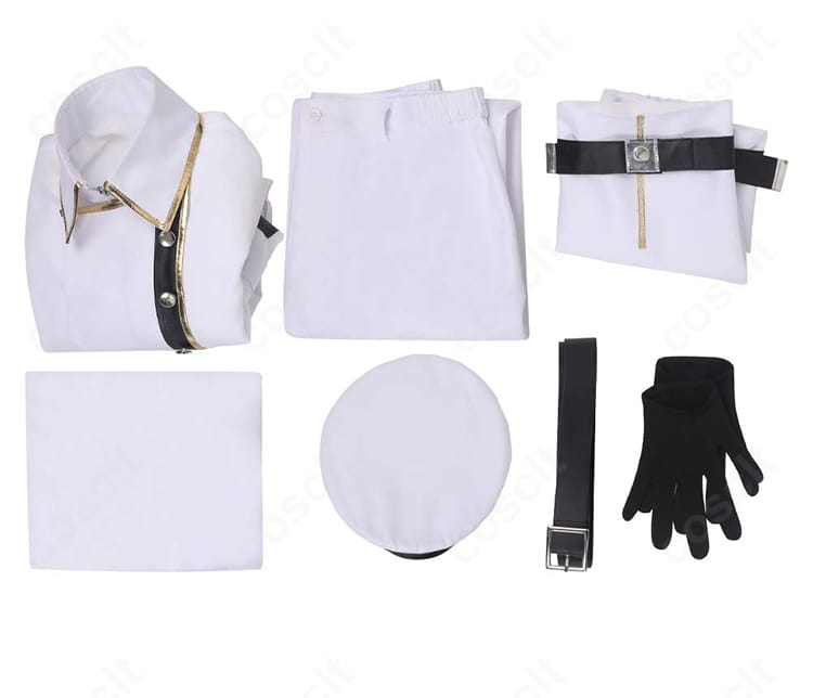 凪誠士郎 チェス衣装のセット内容一式。マント、上着、ズボン、手袋、帽子、ベルト、レッグカバーを並べて紹介。