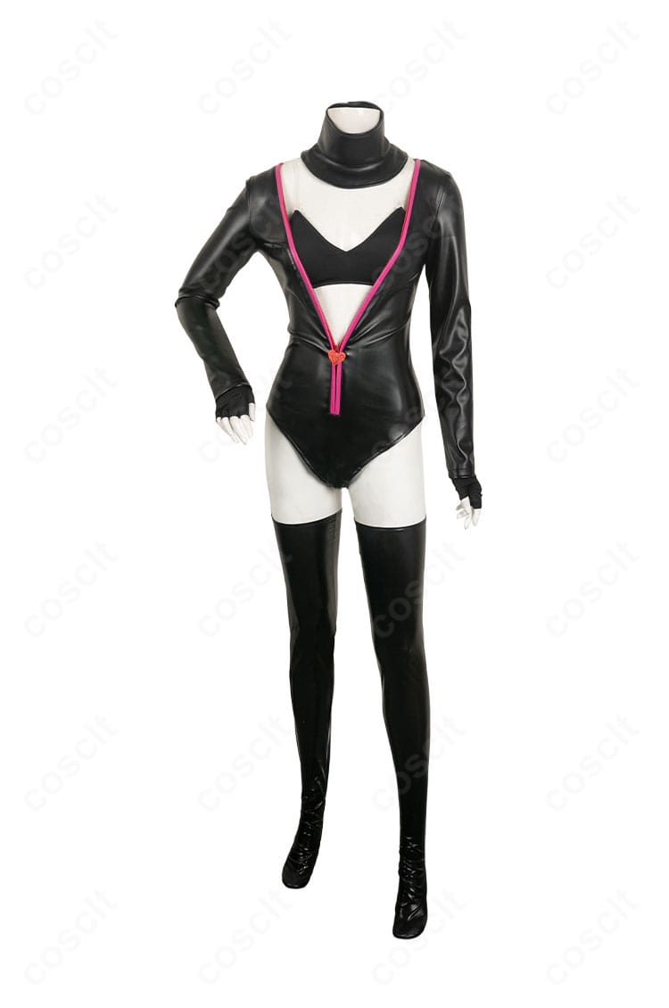 ハズビン・ホテル エンジェル・ダスト コスプレ衣装の正面。透け感レオタードとべアトップの重ねで高再現のシルエットが分かる画像