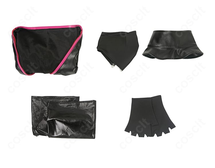 ハズビン・ホテル エンジェル・ダスト 衣装セット一式。レオタード、べアトップ、つけ襟、手袋、靴下の内容物を並べた画像