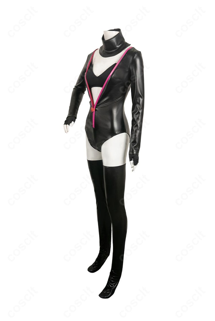 ハズビン・ホテル エンジェル・ダスト コスプレ衣装の側面ビュー。ウエストラインと腿周りのカッティング、縁取りの配色が見える画像