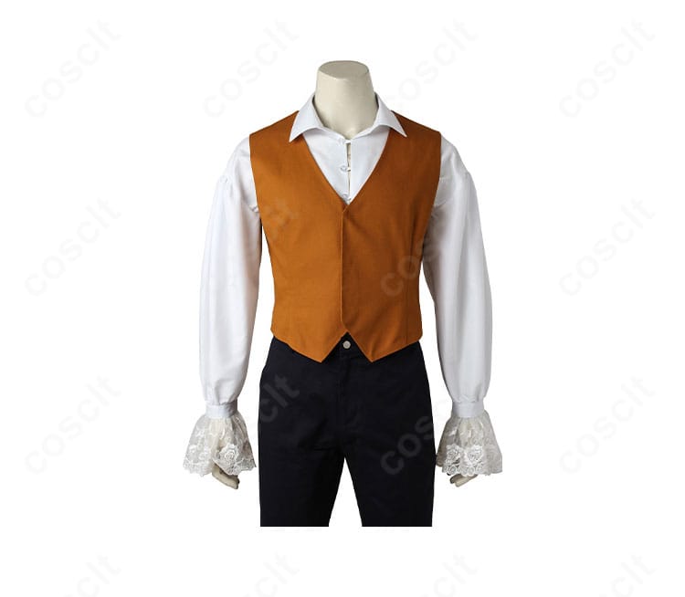 野獣（王子）衣装のベスト詳細。前立ての意匠と縫製ステッチ、ボタン配置が見えるアップ