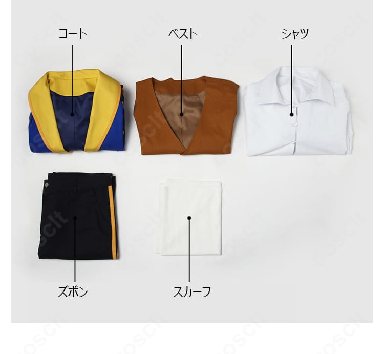 野獣（王子）コスプレ衣装のセット内容一式。コート・ズボン・ベスト・シャツ・スカーフの5点が並ぶ画像