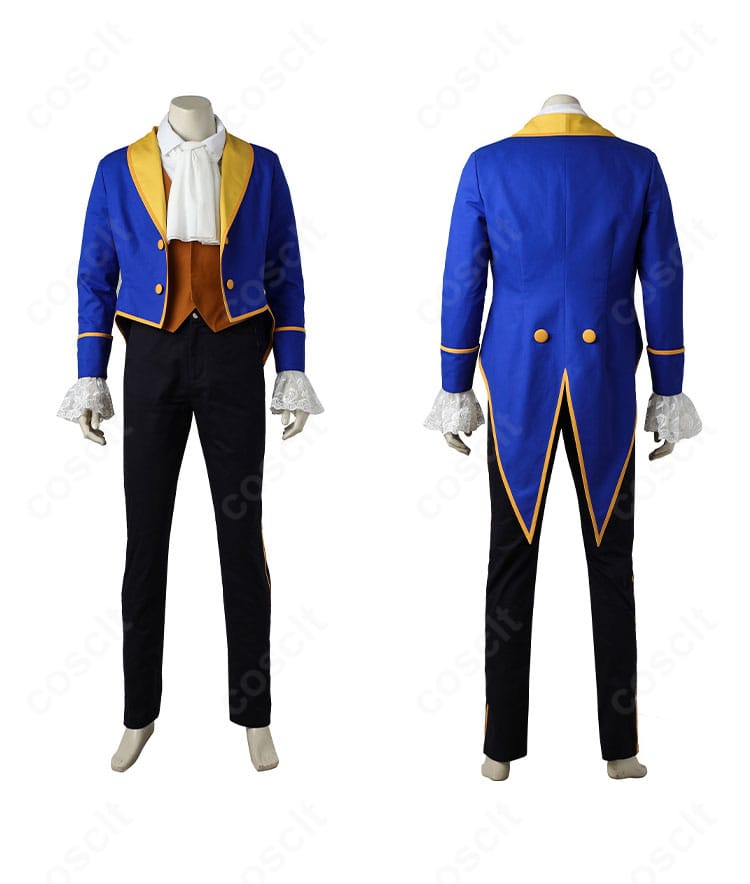 美女と野獣 野獣（王子）コスプレ衣装の正面・背面全体図。高コントラスト配色のコートとベストのシルエットがわかる画像