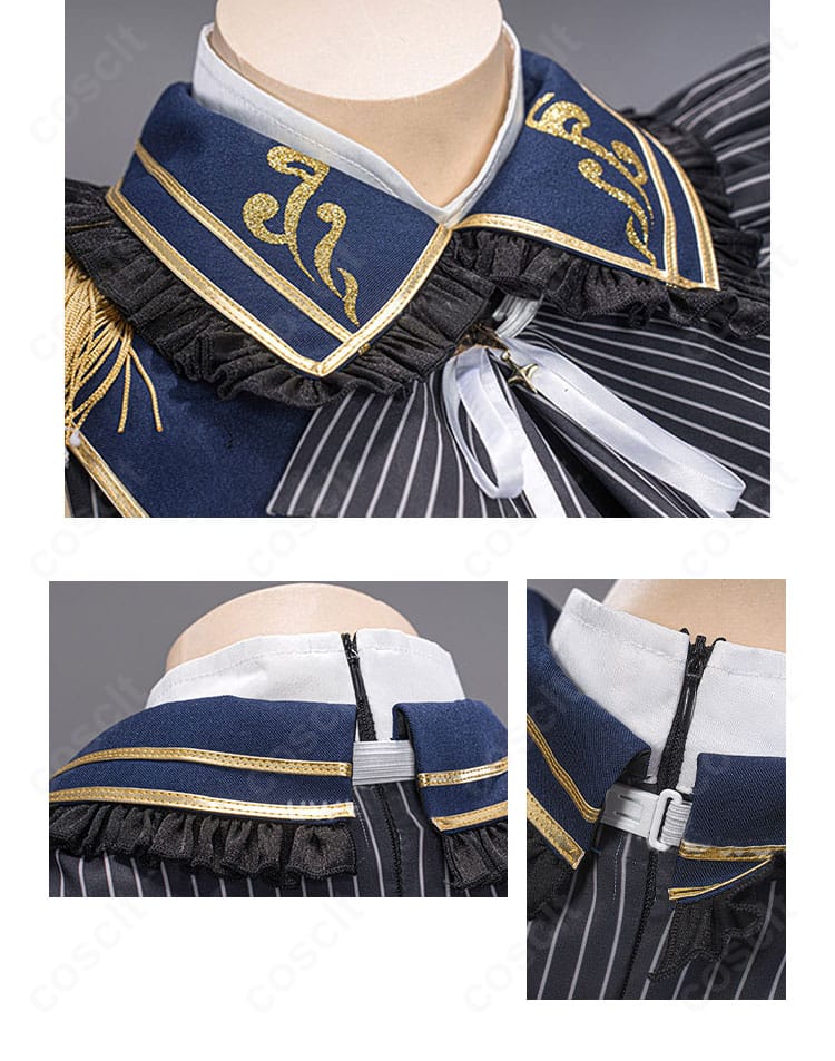 衣装の襟元ディテール（前後）。前面のリボン装飾と背面の縁取りを比較できる近接ショット。