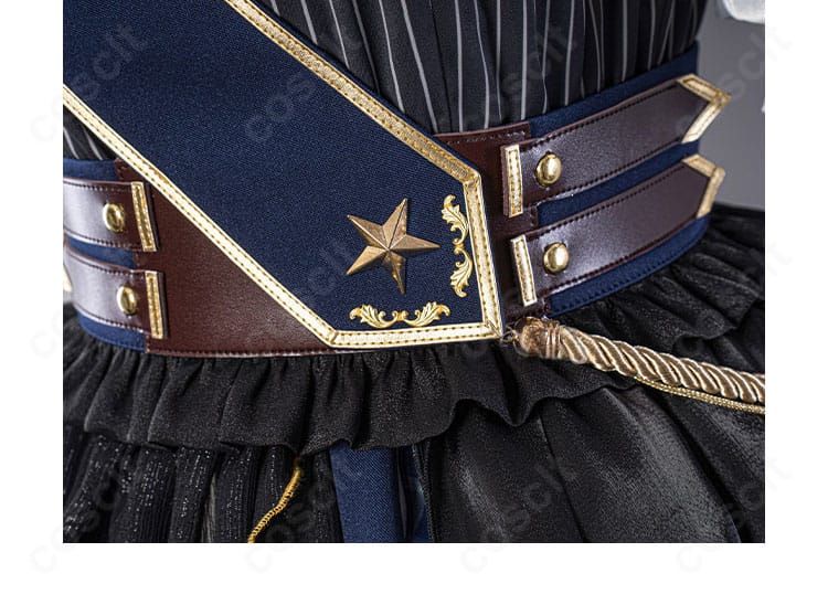 腰部装飾のディテール。コルセットベルトと腰飾りのレイヤーでウエストを引き締めるデザインが分かる画像。