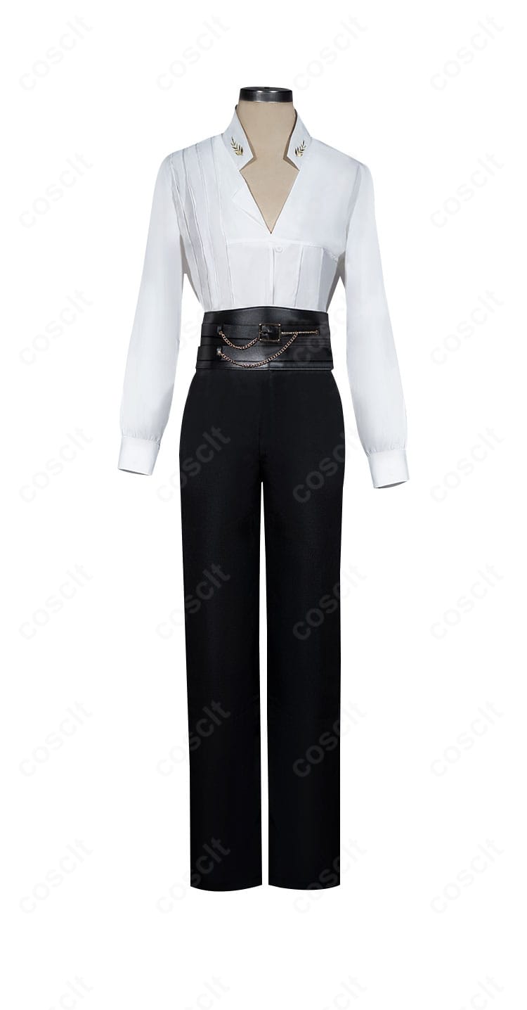 ホムラ『繋花の漫言』コスプレの正面全景。配色、ライン、装飾を忠実再現したクールなデザイン。