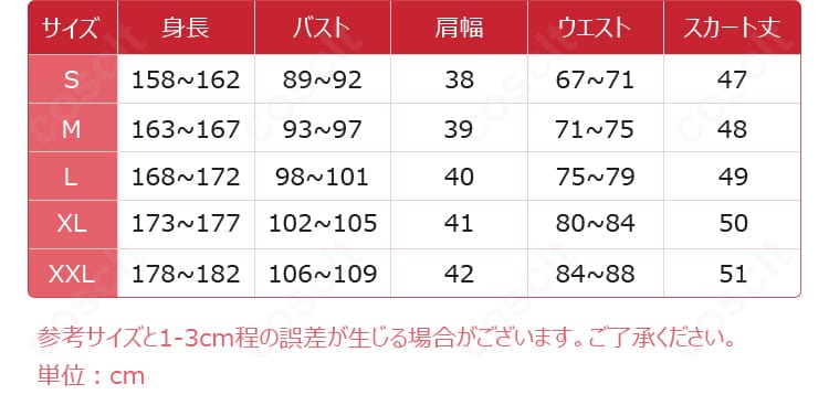 原神 珊瑚宮心海 スシローコラボ衣装のサイズガイド。S〜XXLの採寸目安を示す図版。