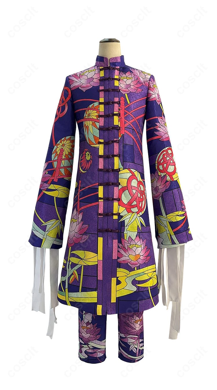 三途春千夜 コスプレ衣装（描き下ろし新体験展 最後の世界線）正面。特攻服シルエットと高コントラスト配色を再現した上着・ズボン・包帯のセット