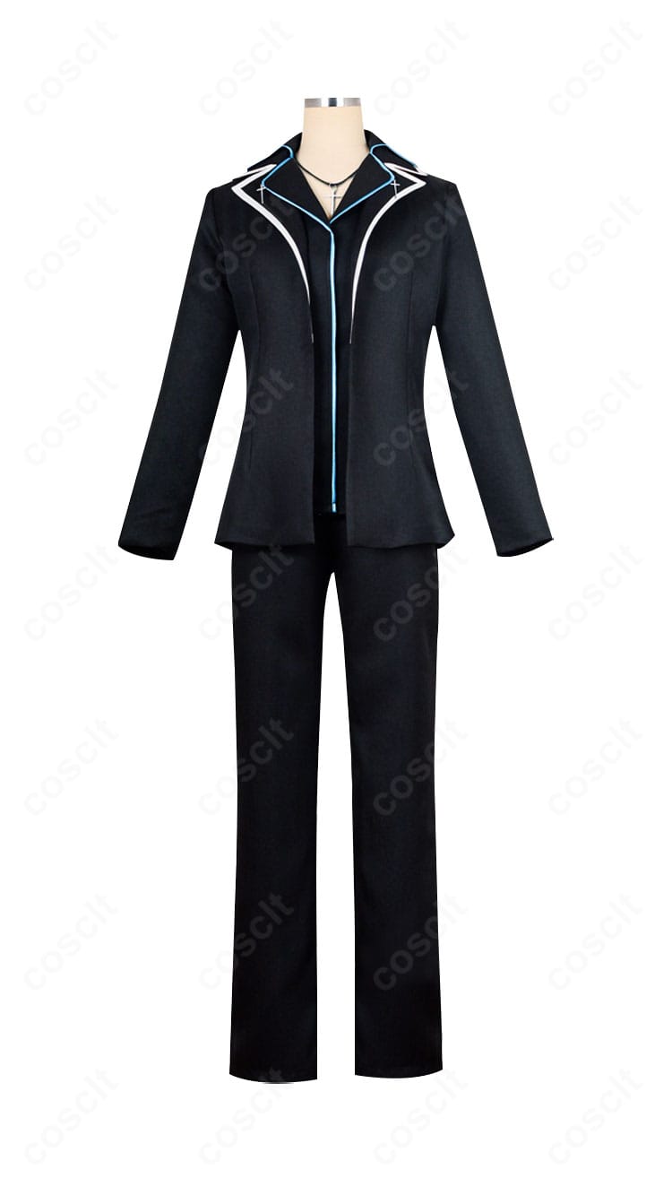 月詠イクトの制服スタイルコスプレ衣装 正面図。黒コートとトップス・ズボンのシルエット、クロスネックレスの配置が分かる画像。