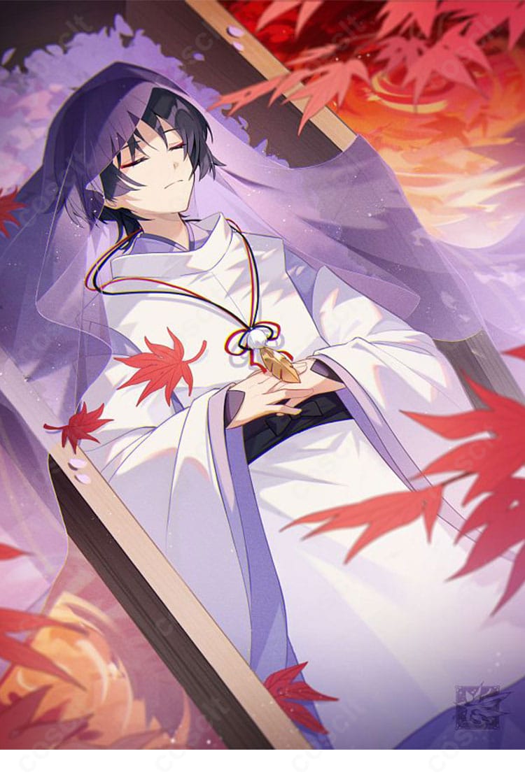 原神 スカラマシュ（散兵）神意バージョンの着用イメージ。紫×白の重ね着とコルセットが映える全身コーデ。