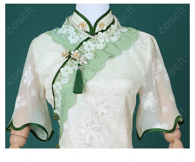 初晴スキンのチャイナ（旗袍）上衣装飾ディテール。斜襟と装飾の質感アップ