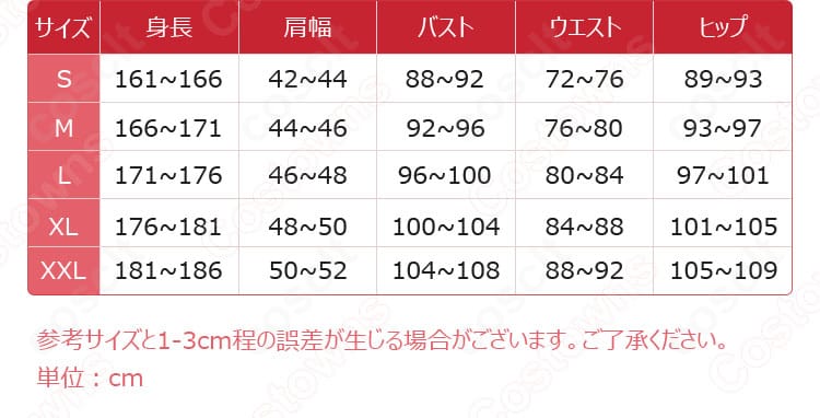 第五人格 患者(エミール)コスプレ衣装のサイズ案内。S・M・L・XLの寸法表で、体型に合わせて最適サイズを選びやすい情報画像。