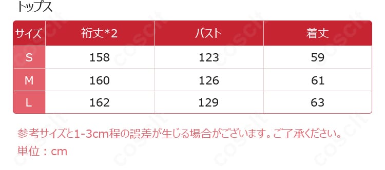 コスプレ衣装のサイズ表・寸法ガイド。S・M・Lの選び方の参考用画像。