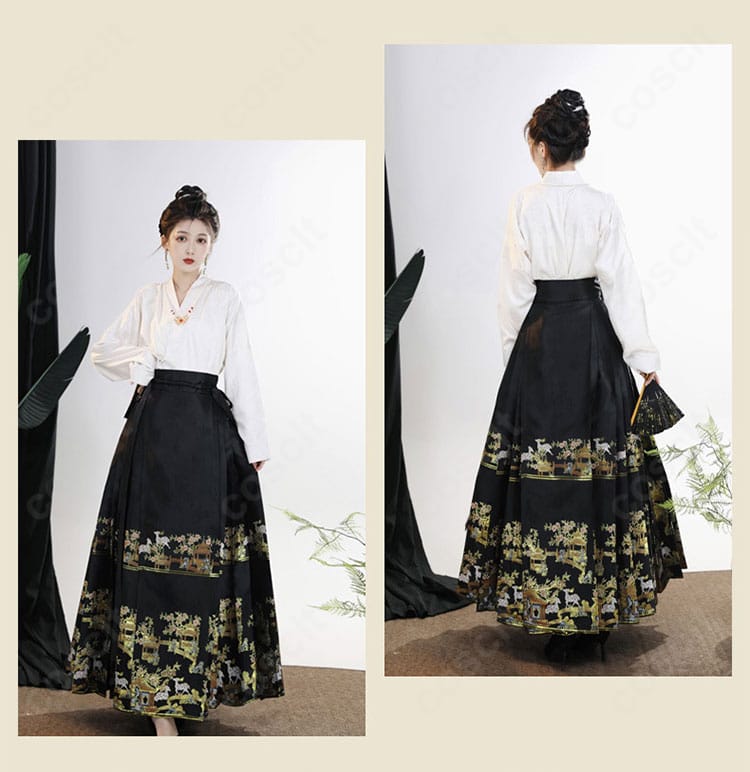 中華風コスプレ衣装の前後ディテール。背面の落ち感と正面の装飾配置を比較できる画像。