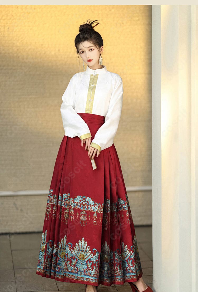 立襟トップスと馬面裙の右側ディテールとパネル重なりの構成