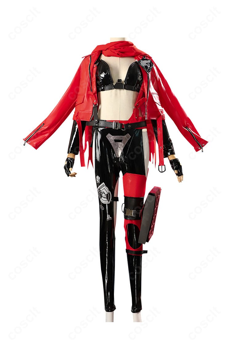 勝利の女神:NIKKE レッドフード コスプレ衣装の正面全体。赤いマフラーとロングコートが際立つ高再現セット。