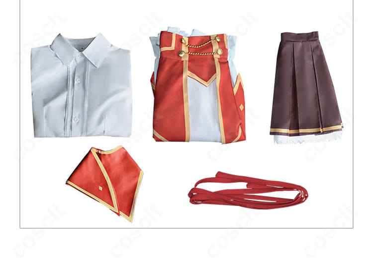 ユミエラ・ドルクネス衣装 セット内容一覧。シャツ・オーバースカート・ショール・スカート・リボンが揃うフルセット。