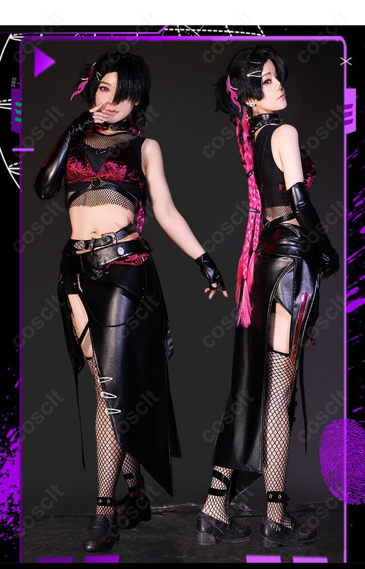 モデル着用の無期迷途 アザミ衣装。コートとインナーのレイヤード、チョーカーやベルトの配置がわかる高再現スタイリング。イベント・撮影向け。