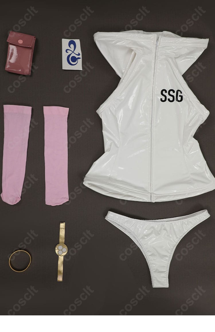 セット内容一覧。トップス、パンティー、ウエストポーチ、刺繍入り腕リング、金属腕リング、靴下、タトゥーシール、レッグカバー、耳飾りを表示。