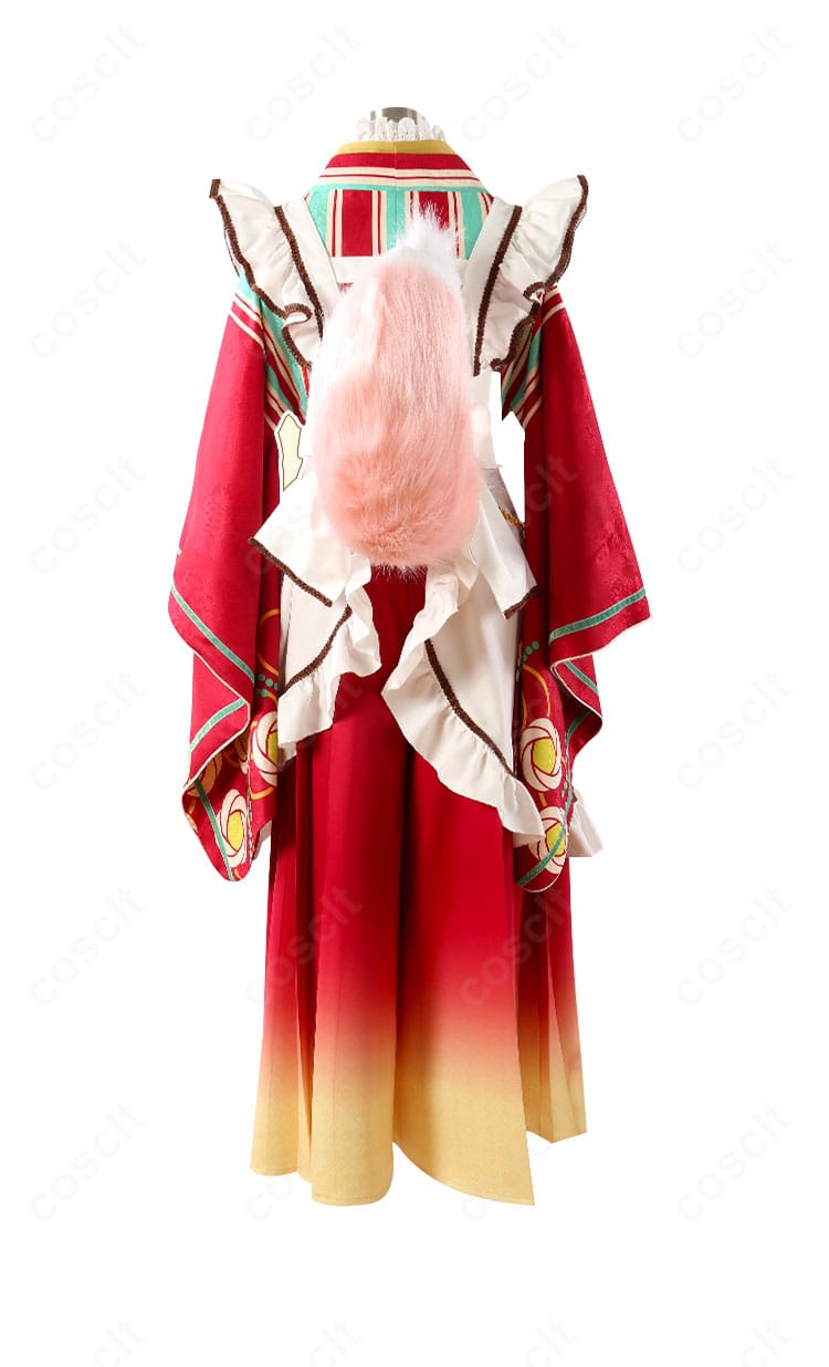 姫宮桃李 コスプレ衣装 背面。大きな蝶結びと飾りチェーン、ベルト位置などバックスタイルのディテール。