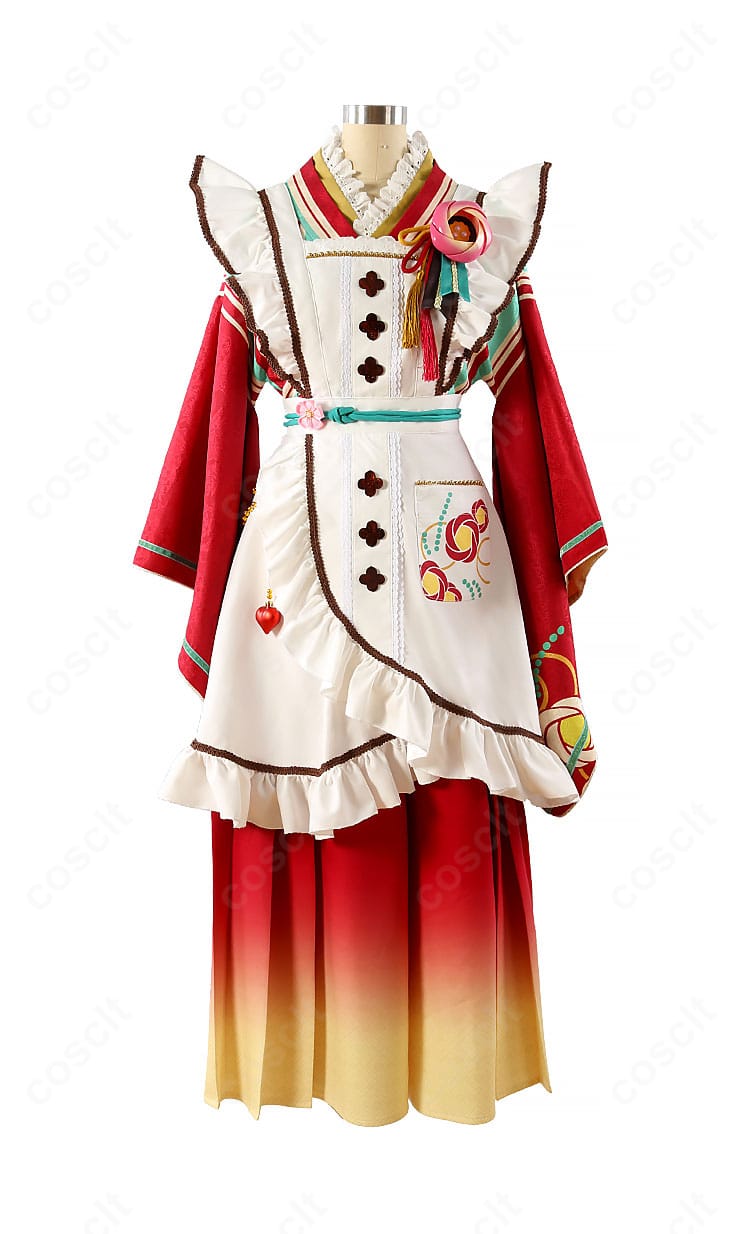 姫宮桃李 コスプレ衣装 正面。エプロン・トップス・シャツ・ズボンの配色とビスチェ風デザイン、胸飾りの配置が分かる。