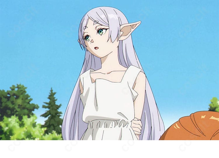 着用イメージ：葬送のフリーレンのフリーレンを再現した上品なワンピース衣装。落ち着いた配色と刺繍が映える全身カット。