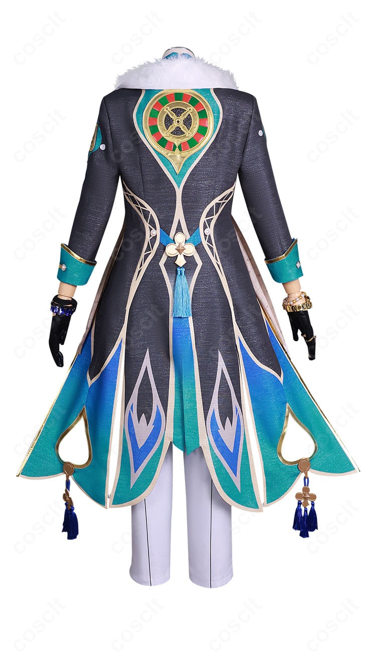 崩壊:スターレイル アベンチュリンのコスプレ衣装 背面全体。背面パネルと裾の落ち感、装飾配置を確認できる写真。