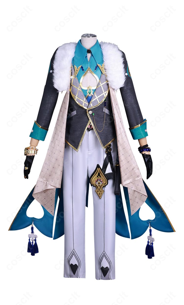 崩壊:スターレイル アベンチュリンのコスプレ衣装 正面全身。スーツの直線的シルエットと胸元装飾を高再現。