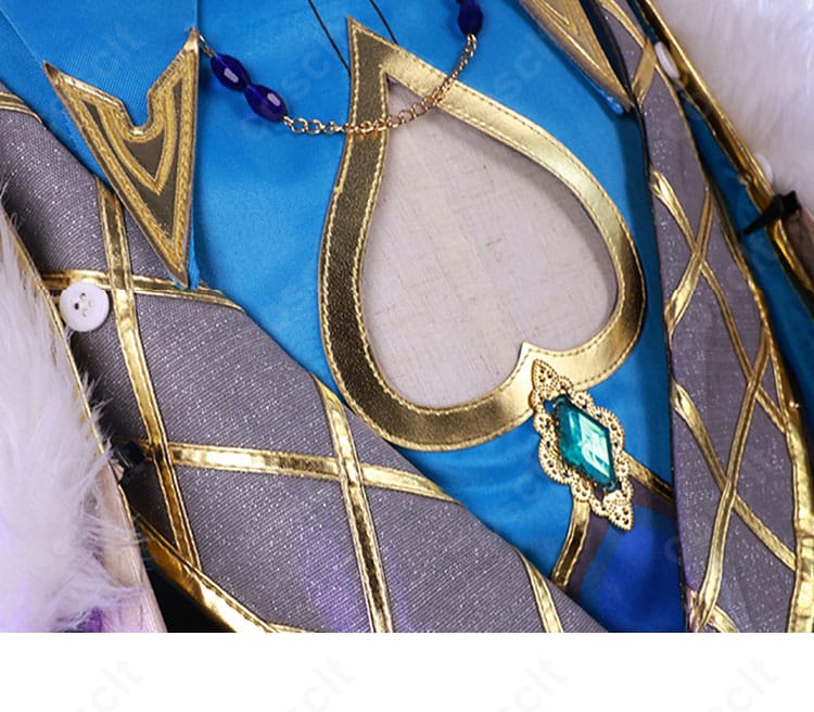 アベンチュリン衣装の腹部パネル装飾ディテール。精巧な刺繍と幾何学モチーフ、固定仕様の構造がわかる近影。