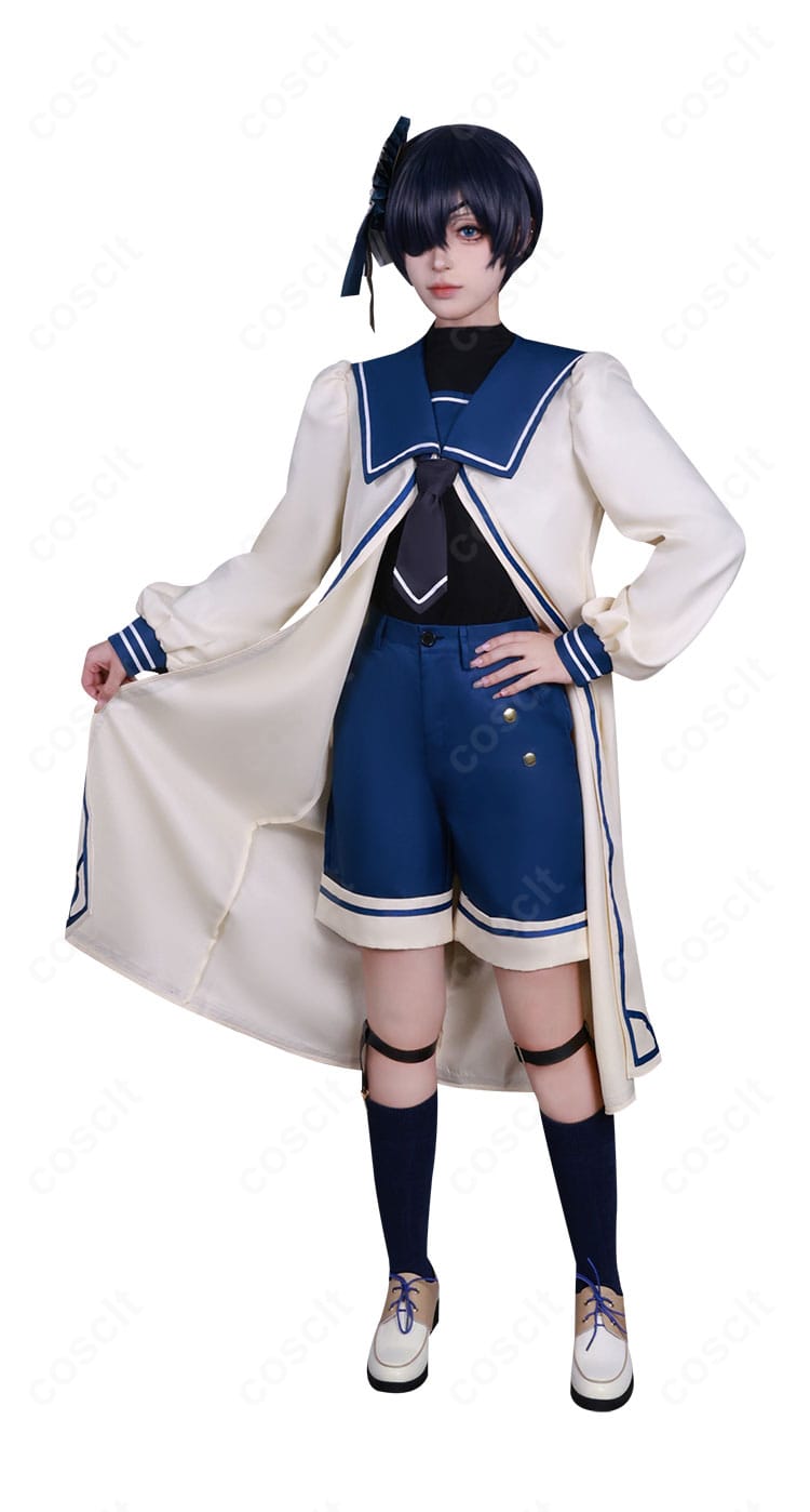 黒執事 シエル・ファントムハイヴ 伯爵衣装のディテール接写。刺繍風の徽章、飾りボタン、レース装飾の再現度が見える。