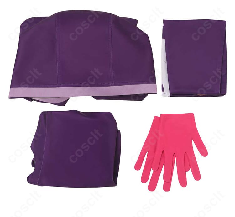 ONE PIECE ジュエリー・ボニー エッグヘッド編コスプレのセット内容一式。ボディスーツ、手袋、トップス、肩飾り、靴下を並べた画像