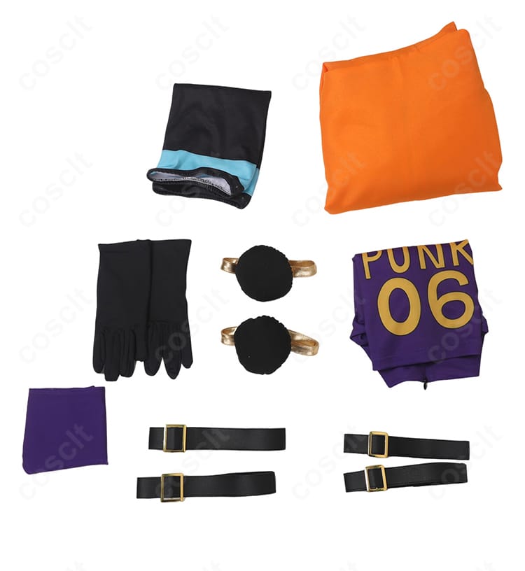 ヨーク(PUNK-06 欲)衣装セット一覧。コート、タンクトップ、パンティー、手袋、靴下、ポーチ、太もも飾りを一式で掲載。