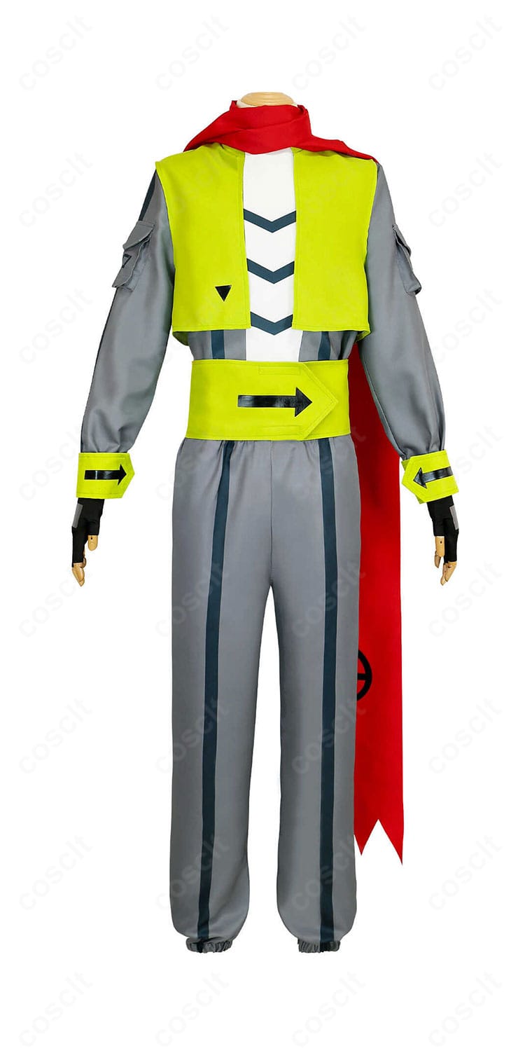 凹凸世界 カミル アニメ版コスプレ衣装の正面全身。マフラーと帽子、コルセットベルトを含む高再現コーディネート。