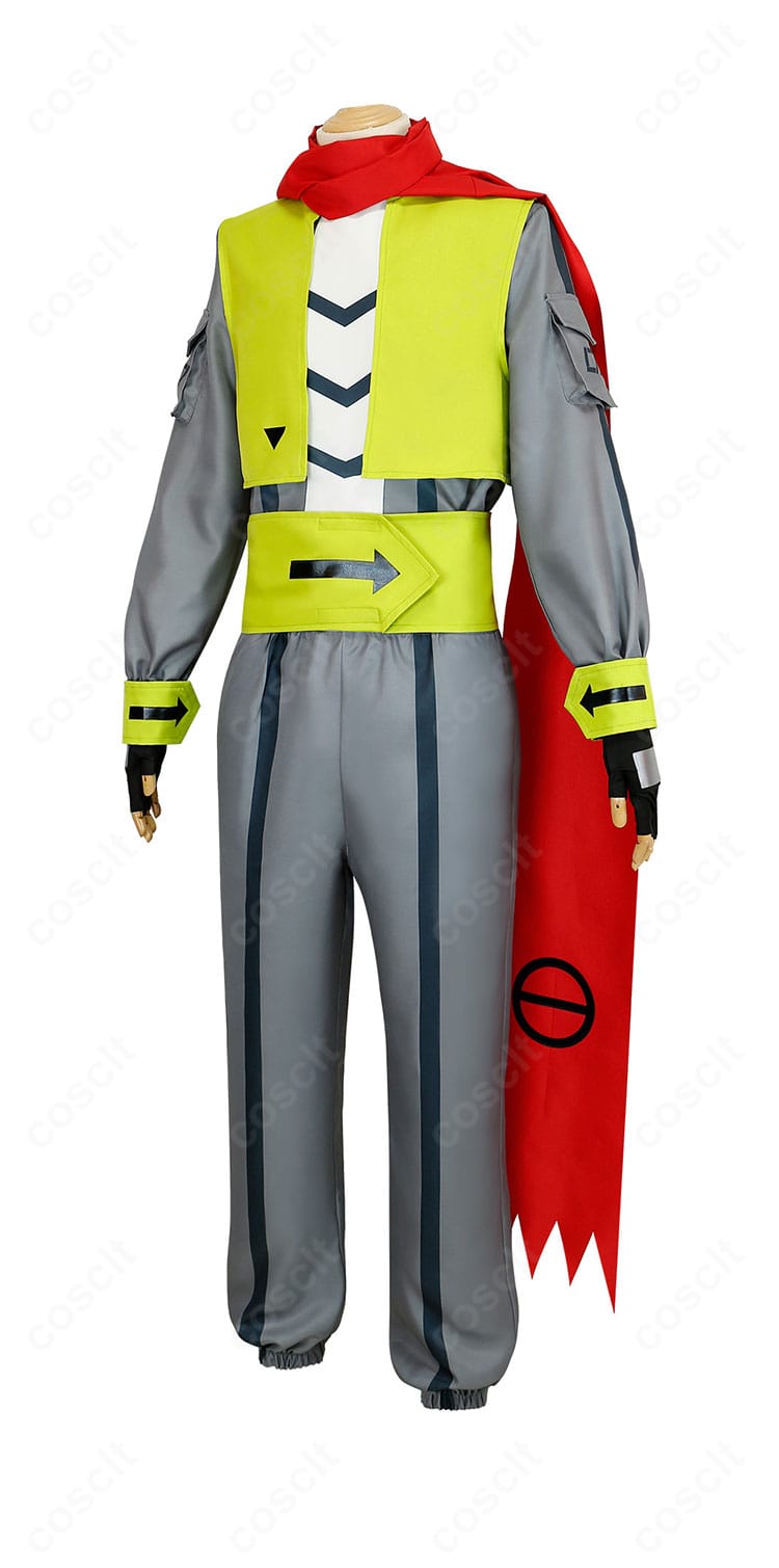 凹凸世界 カミル 衣装の側面。ベストとトップスのレイヤー、マフラーの落ち感まで再現したシルエット。