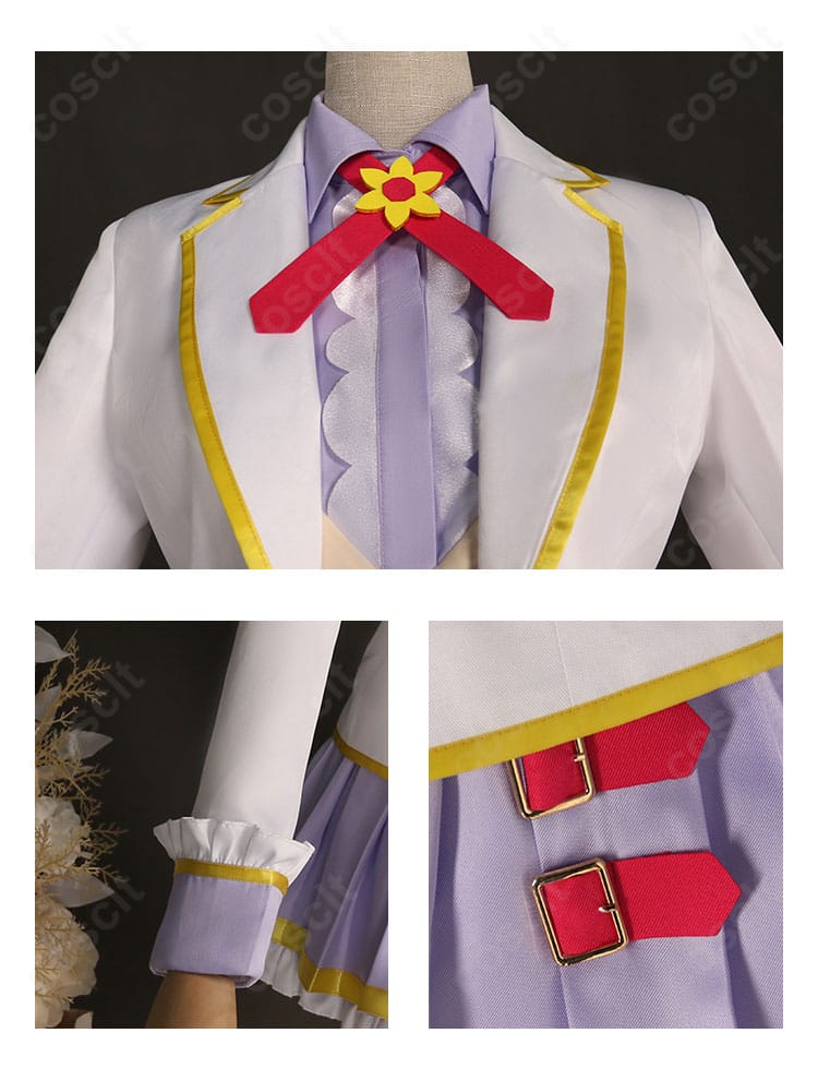 アイカツスターズ! エルザ フォルテ制服コスプレ 装飾ディテール。襟・袖のライン、胸元リボン、フリルと刺繍の仕上がりアップ。