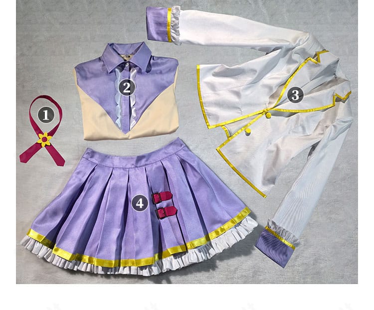 アイカツスターズ! エルザ フォルテ制服コスプレ セット内容一式。リボン・シャツ・コート・スカートの4点を並べた画像。
