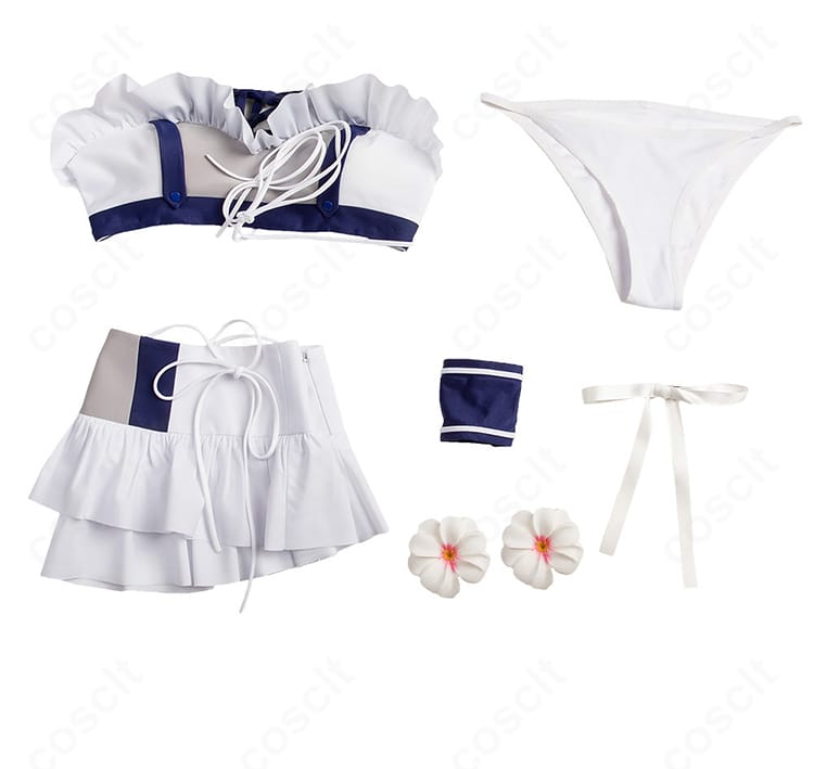 セット内容一式のレイアウト。水着上下・手首飾り・髪飾りの3点が揃ったことを示す。