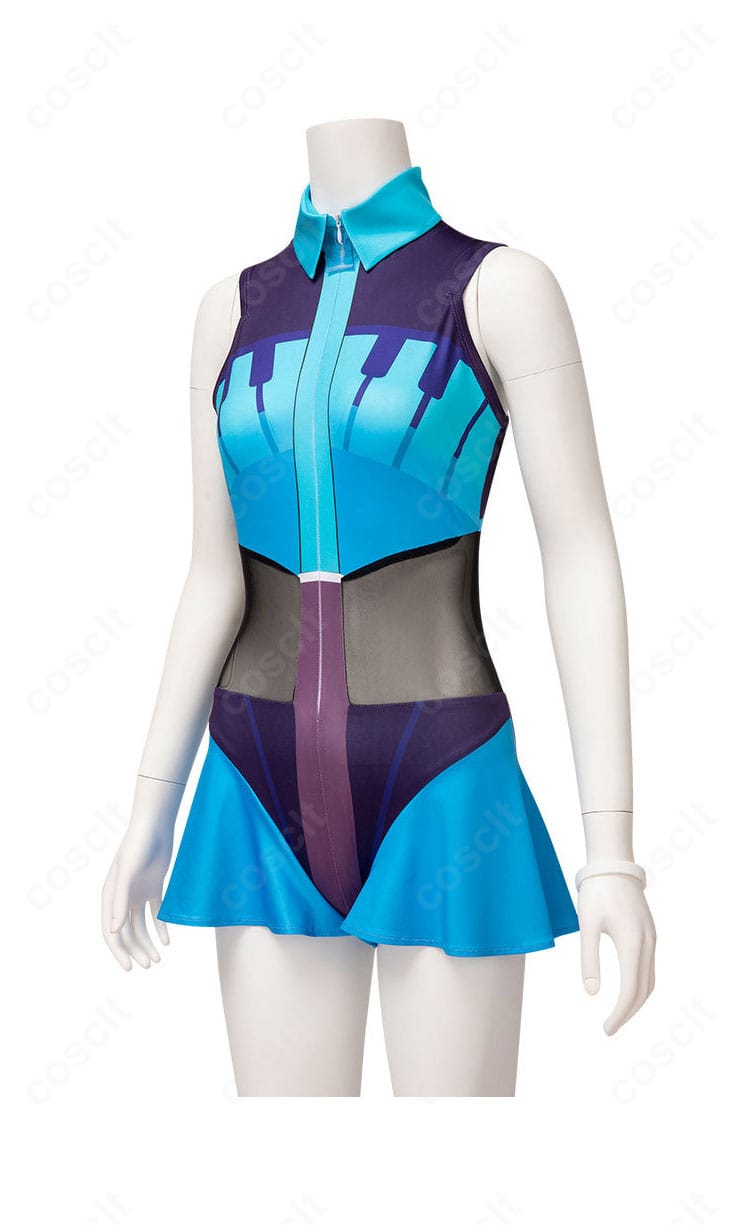 ポケモン×初音ミク アシレーヌ衣装の側面。レオタードの曲線と腰飾りのラインが強調されたサイドビュー。