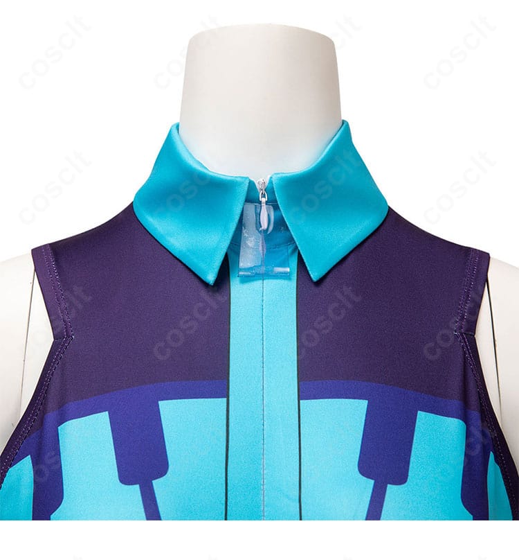 アシレーヌ コラボビジュアル衣装の衣領ディテール。縁取りと装飾の仕立てを拡大表示。